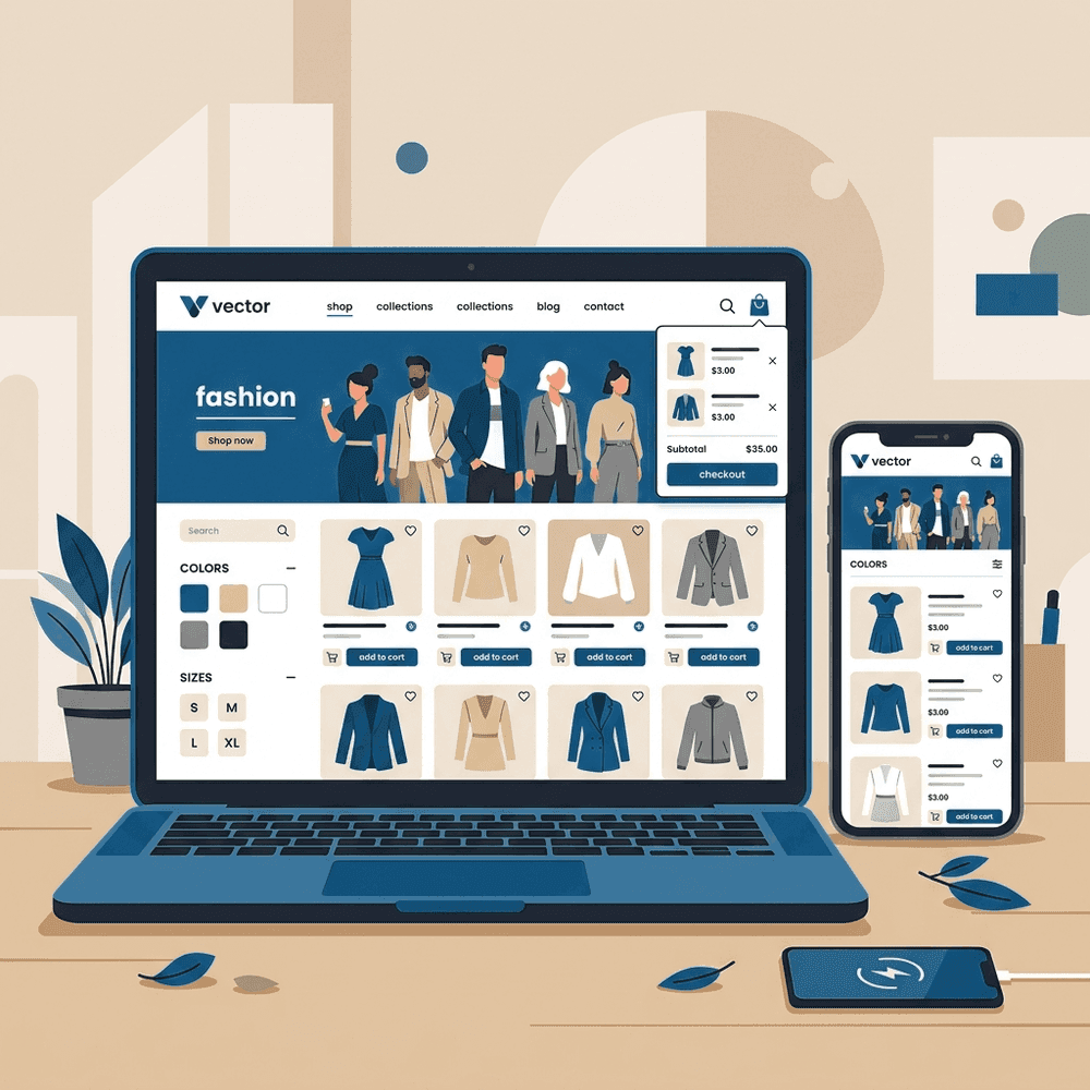 Giao diện website bán hàng hiển thị trên máy tính và điện thoại
